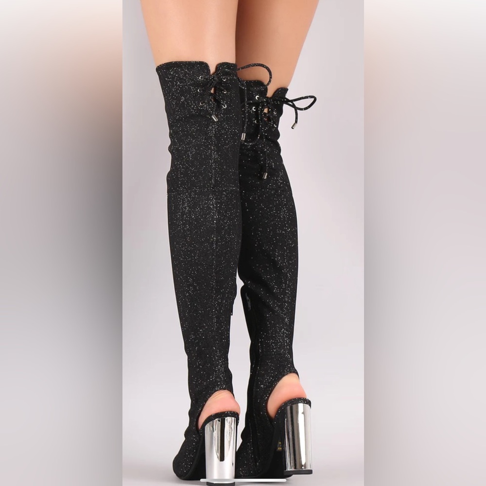 Sexy Over the Knee Fitted Glittery  Silver Heal Black Boot. New without tags